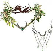 [June Bloomy] Green Leaf Headband Fairy Headpiece Forest Elf Crown Woodland Floral Circlet Fairy Ren Necklace Set