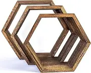 Hexagon Wooden Shelves Set of 3 Geometric Floating Wall Shelf Rustic Brown Honeycomb Design for Bedroom Living Room Office - Small, Medium, Large(Walnut)
