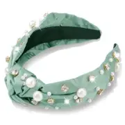 Knotted Headbands for Women Pearl Rhinestone Top Knot Hairbands Bohemian Green