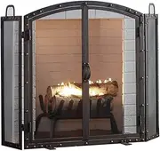 Fireplace Screen Guard, Three-fold Fireplace Screen with Doors， Antique Copper Medium Fire Screen Mesh with Side-Mounted Handles， Allow Easy Movement