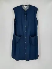 Eileen Fisher Midnight Blue Denim Cotton Blend Mandarin Collar Dress Sz L NWT