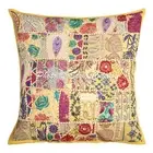 Ethnic Cotton Sofa Pillows Yellow 24x24 Inch Patchwork Floral Cushion Cover