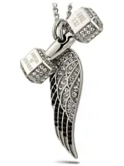 Women Psalm 91:11 Angel Wing & Mini Luke 1:37 Dumbbell Necklace w/ Swarovski Cry