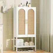 [Keehusux] 55.3"H Rattan Cabinet with 2 Doors, Bathroom Storage Cabinet with Adjustable Shelf & Open Bottom Shelf, Modern Floor Cabinet for Living Room, Bathroom, Hallway, White and Natural KES005WMCWG