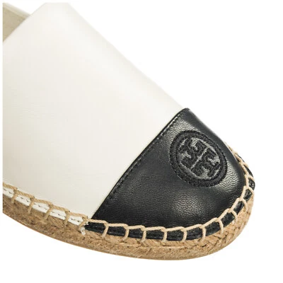 New TORY BURCH Espadrille 10.5,Mestico Shoe,Ivory/Black,Leather,Flat,Logo,NIB