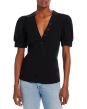 Derek Lam 10 Crosby Heather V Neck Puff Sleeve Top