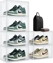 6 Pack Shoe Storage Box Large Clear Plastic Shoe Organizer for Closet Stackable Sturdy Shoe Rack with Magnetic Door Drop Side Shoe Containers for Entryway Sneaker Storage Fit up US Size11 Clear