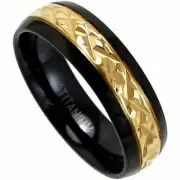 Black Plated TITANIUM RING BAND with Gold Plated Engravings, size 8