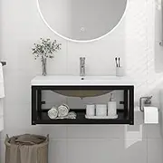 Wall-Mounted Bathroom Washbasin Frame with Built-in Ceramic Basin, Black Iron, 79 x 38 x 31 cm, Modern and Durable for Contemporary Bath Decor