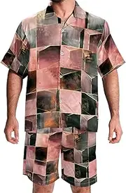 [FNETJXF] Men's Hawaiian Shirts and Shorts Set, Men's 2 Pieces Shirt Sets, Men Beach Outfits Sets, Cube Pattern Pink Grey Gold, Men's Shirt and Short Sets