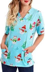 Women Mock Wrap Top Holiday Christmas Print Neck Shirt, Snowman Light-Blue