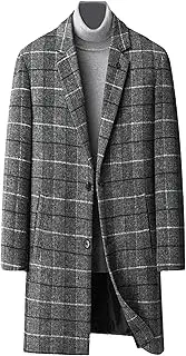 [Qolkmuiy-GJ] Mens Plaid Notch Collar Single Breasted Thermal Wool Blend Trench Coat Classic Wool Coat with Pockets