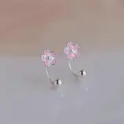 Enamel Cherry Blossom Stud Earring / Ear Jacket A95 - Ear Jacket - Pink & Silver - One Size