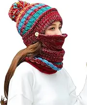 [DuBom] Women Girls Knitted Hat Scarf Mask Set Winter Fleece Lined Beanie Knit Ear Flaps Hat with Pompom
