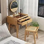 CUPKEE Japanese Vanity Desk with Rattan Makeup Stool, Dressing Desk Vanity Table, Creative Dressing Mirror, Glass Countertop, for Bedroom Decor and Gifts