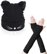 [SKHAOVS] 2 Pieces Thermal Suit Cat Ears Beanie Hat with Long Fingerless Gloves Cat Hat Cat Lovers Winter Warm Knitted Hat Cat Gifts for Girls