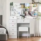 Dressing Table Stool Set Makeup Mirror Vanity Storage Desk LED Bulbs Bedroom