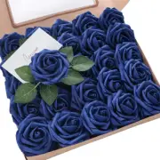 Artificial Flowers 25Pcs Real Looking Royal Blue Foam Fake Roses with Stems for
