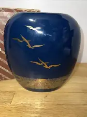 VTG NIB Otagiri Blue Gold Painted Seagull Vase MCM Coastal Beach Boho Scenic 7”