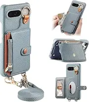 Durable Removable Crossbody Wallet Phone Case for Google Pixel 9, Zippered Purse,Ring Holder,Integrated Mirror,Card Slot,Multi-Angle Stand in Elegant Pebbled Leather Cover(Light Blue)