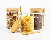 Glass Jars with Wooden Lid and Spoon, Airtight Food Storage Containers for Sugar/Coffee/Flour/Spices, Clear Stackable Kitchen Canisters in Set of 3, Ideal for Home Organization & Decor. (18Oz/530ML)