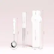 Stainless Steel Chopsticks / Fork / Spoon / Case / Set (Various Designs) Set Of 3 - Chopsticks & Spoon & Case - Rabbit - White - One Size