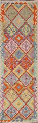 Flat weave Pastel Color Diamond Kilim Reversible Narrow Runner Rug Carpet 3'x10'