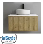 Coastal Oak Wall Hung Vanity-750mm with Blanc White Stone Top & Matt White Basin