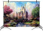 7x5ft Princess Castle Birthday Backdrop for Photography Fairy Tale Blue Sky and White Clouds Backgrounds Kids Children Girls Princess Birthday Party Cake Table Banner Baby Shower Photo Booth Props