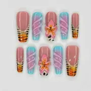 Zebra Print Nail Art With 3D Flower Long Coffin Press On Nails, 3D Gel Nails