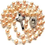 [elegantmedical] HANDMADE Pink freshwater Pearls Lourdes Water MEDAL ROSARY CATHOLIC NECKLACE Cross Box, 20" (50CM), Pearl