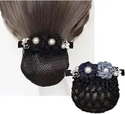 Leadigol Hair Clip, 2Pcs Women Hair Snood Net Bun Cover Knit Hairnet, Black Mesh Work Hairnets for Girls, Flower Pearl Hairpins, Retro Headdress, Size 9.8*3.9cm