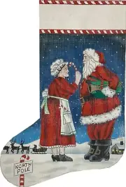 Hand-Painted CHRISTMAS STOCKING Santa & Mrs Claus Needlepoint Canvas 2058