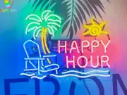 Happy Hour Palm Tree Sun Beach Chair Neon Light Sign Glass Wall Custom 17"x14"