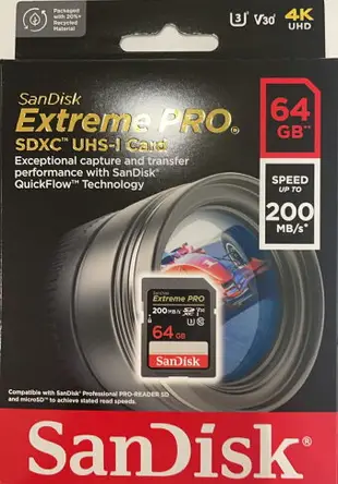 SanDisk 64GB 64G SD【200MB/s Extreme Pro】SDXC SDSDXXU-064G 4K U3 A2 V30 相機記憶卡【序號MOM100 現折$100】