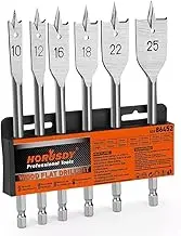6PCS Wood Flat Drill Bit Set 10-25mm, S2 Steel Spade Drill Bit with 1/4" Hex Shank, High-Speed Drilling Bits for Wood, Chipboard, MDF – with Plastic Wall Mount