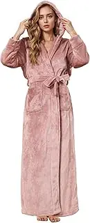 [Hellomamma] Long Hooded Robe for Women Luxurious Flannel Fleece Full Length Bathrobe Winter Warm Pajamas Shower Nightgown