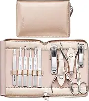 Manicure Set, FAMILIFE Professional Manicure Kit Nail Clippers Set 11 in 1 Stainless Steel Pedicure Tools Kit Grooming Kit with Portable Brown Leather Travel Case for Men (Gold)
