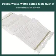 Beige & Off White Double Weave Waffle Striped Cotton Table Runner Knotted Tassel