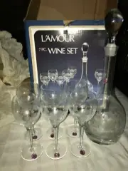 7pc Stylesetter L'AMOUR WINE SET 6 Glasses & CRYSTAL Decanter Hand Cut ROMANIA