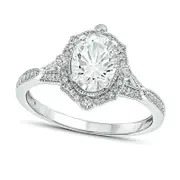 Oval Lab-Created White Sapphire and 0.20 CT. T.W. Diamond Ornate Frame Split Shank Antique Vintage-Style Ring in Solid 10K White Gold