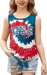 [IIMMER] July 4th Girls Patriotic Sleeveless Tie Knot Front Tank Top Stars Stripes Tee Shirt 4-14 Years