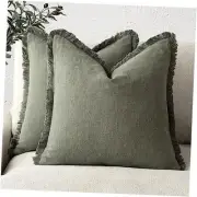 Set of 2 Decorative Linen Fringe Throw 20" x 20" (Pack of 2) Olive Green