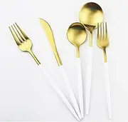 Gugrida Black Gold Flatware, Royal 20 Piece Matte Black Handle 18/10 Stainless Steel Tableware Sets for 4 Including Forks Spoons Knives, Camping Silverware Travel Utensils Set Cutlery Service for 4 White Handle