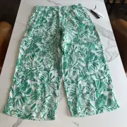 Nicole Miller 100% Linen Wide Leg Pants Elastic Waist Green Floral Sz Large NWT