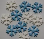 SNOWFLAKES EDIBLE CAKE/CUP CAKE TOPPERS X 12 - 4CM WIDE - LIGHT BLUE & WHITE