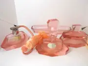 Vintage Art Deco crystal Glass Vanity Set Perfume Bottle Atomizer, pinc glass