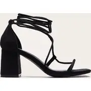 Black Faux Suede Square Toe Lace Up Block Heel Sandals, Black