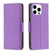 For iPhone 15 Pro Case, Lychee PU Leather Wallet Cover, Purple