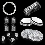 TOMALL 14pcs Bling Car Accessories Engine Start Stop Button Cover Crystal Car Cup Coaster Shining Tire Valve Stem Caps Universal Car Hooks Sunglasses Clip Blind Spot Mirrors for Car Decorations(White)